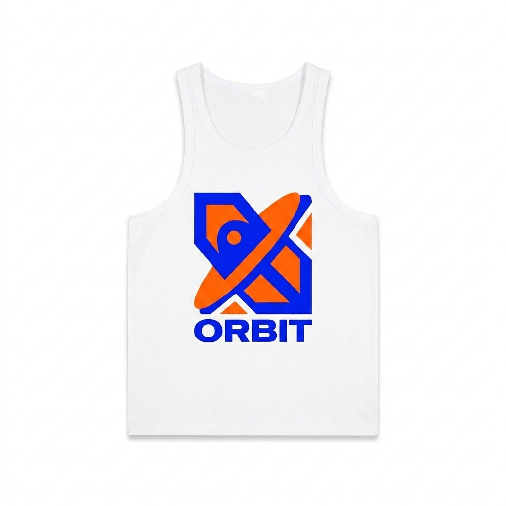 Custom Performance Blend Tank Top design direction 2: Bold Abstract Graphic featuring the ORBIT wordmark