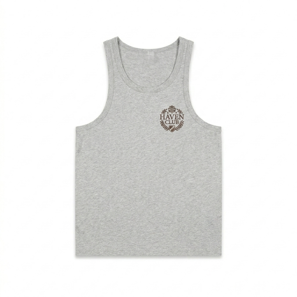 Custom Performance Blend Tank Top design direction 3: Embroidered Emblem featuring the HAVEN CLUB wordmark
