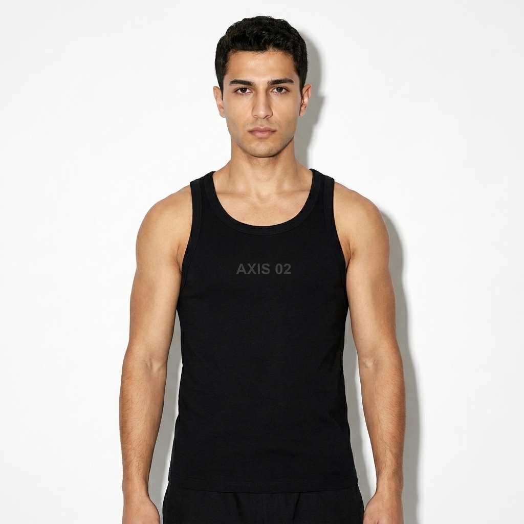 Performance Blend Tank Top worn by a petite Turkish male fashion influencer, minimalist luxury styling, studio lookbook — custom performance blend tank top