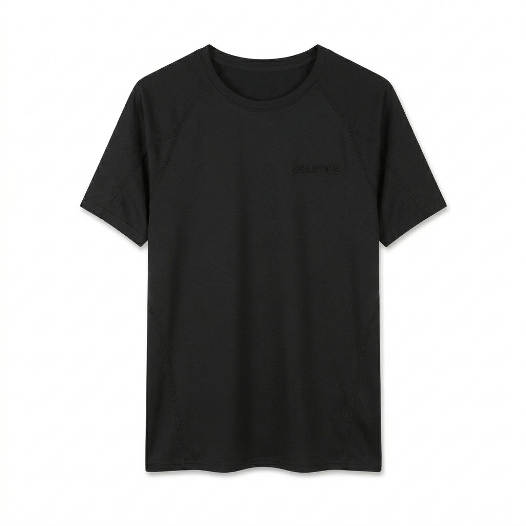 Custom Performance Contrast Stitch T-Shirt design direction 1: Tonal Minimalist Wordmark featuring the SOLSTICE wordmark