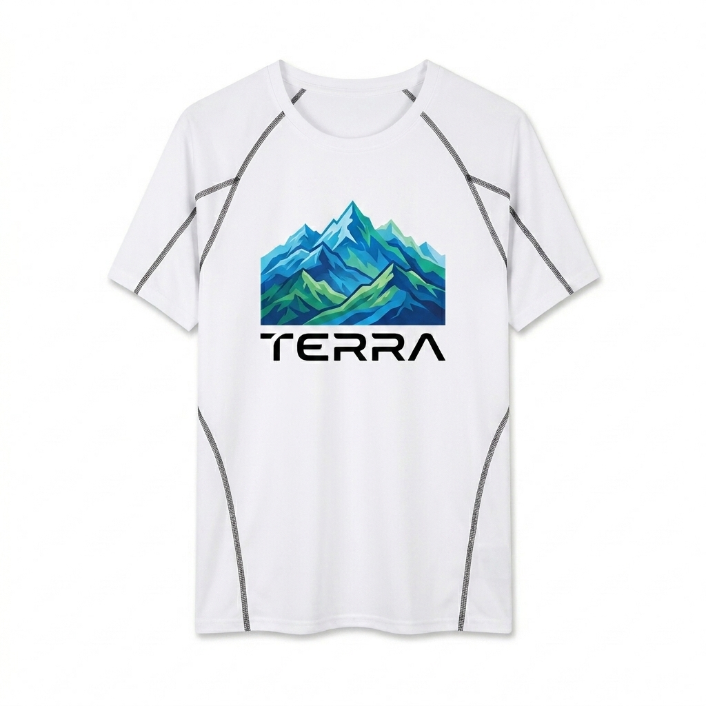 Custom Performance Contrast Stitch T-Shirt design direction 2: Bold Abstract Graphic featuring the TERRA wordmark