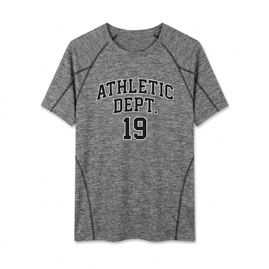 Custom Performance Contrast Stitch T-Shirt design direction 3: Retro Collegiate Emblem featuring the ATHLETIC DEPT. wordmark