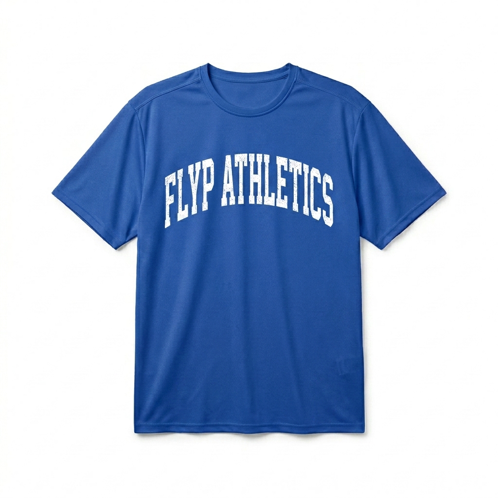 Custom Performance Crew Neck T-Shirt design direction 2: Retro Collegiate Graphic featuring the FLYP ATHLETICS wordmark