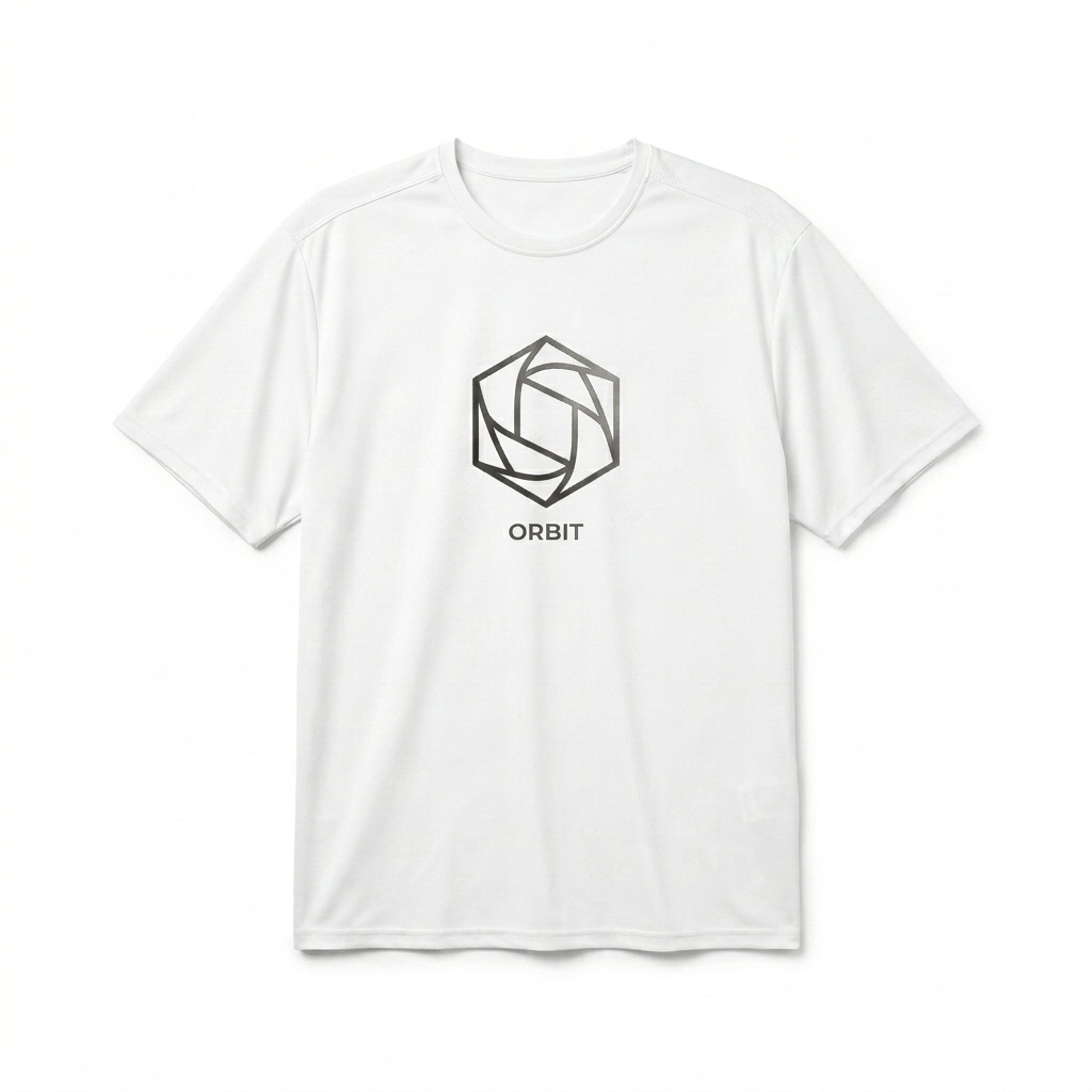 Custom Performance Crew Neck T-Shirt design direction 3: Abstract Geometric Print featuring the ORBIT wordmark