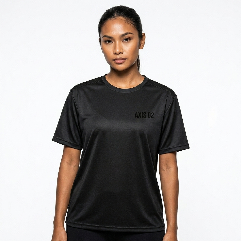 Performance Crew Neck T-Shirt worn by a toned Southeast Asian female fashion influencer, techwear modern styling, studio lookbook — custom performance crew neck t-shirt