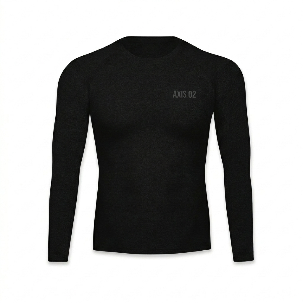 Custom Performance Long Sleeve T-Shirt design direction 1: Subtle Identity featuring the AXIS 02 wordmark