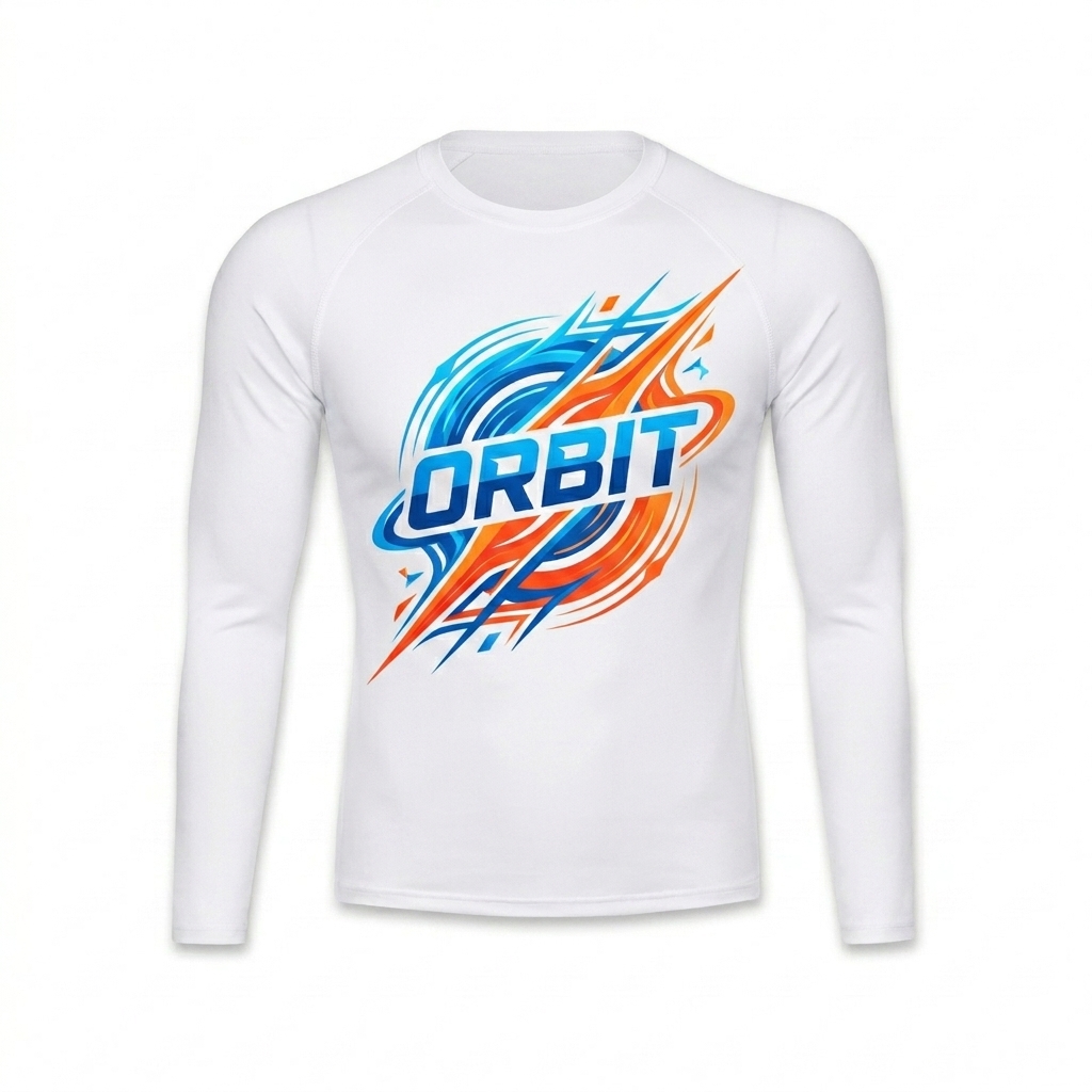 Custom Performance Long Sleeve T-Shirt design direction 2: Abstract Motion Graphic featuring the ORBIT wordmark