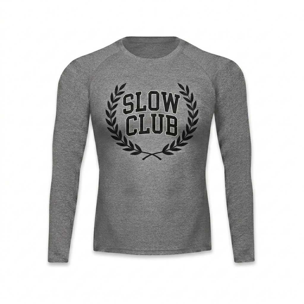Custom Performance Long Sleeve T-Shirt design direction 3: Vintage Sport Crest featuring the SLOW CLUB wordmark