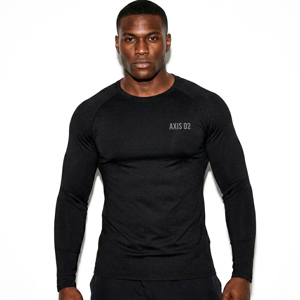 Performance Long Sleeve T-Shirt worn by a broad-shouldered West African male fashion influencer, gorpcore outdoor styling, studio lookbook — custom performance long sleeve t-shirt