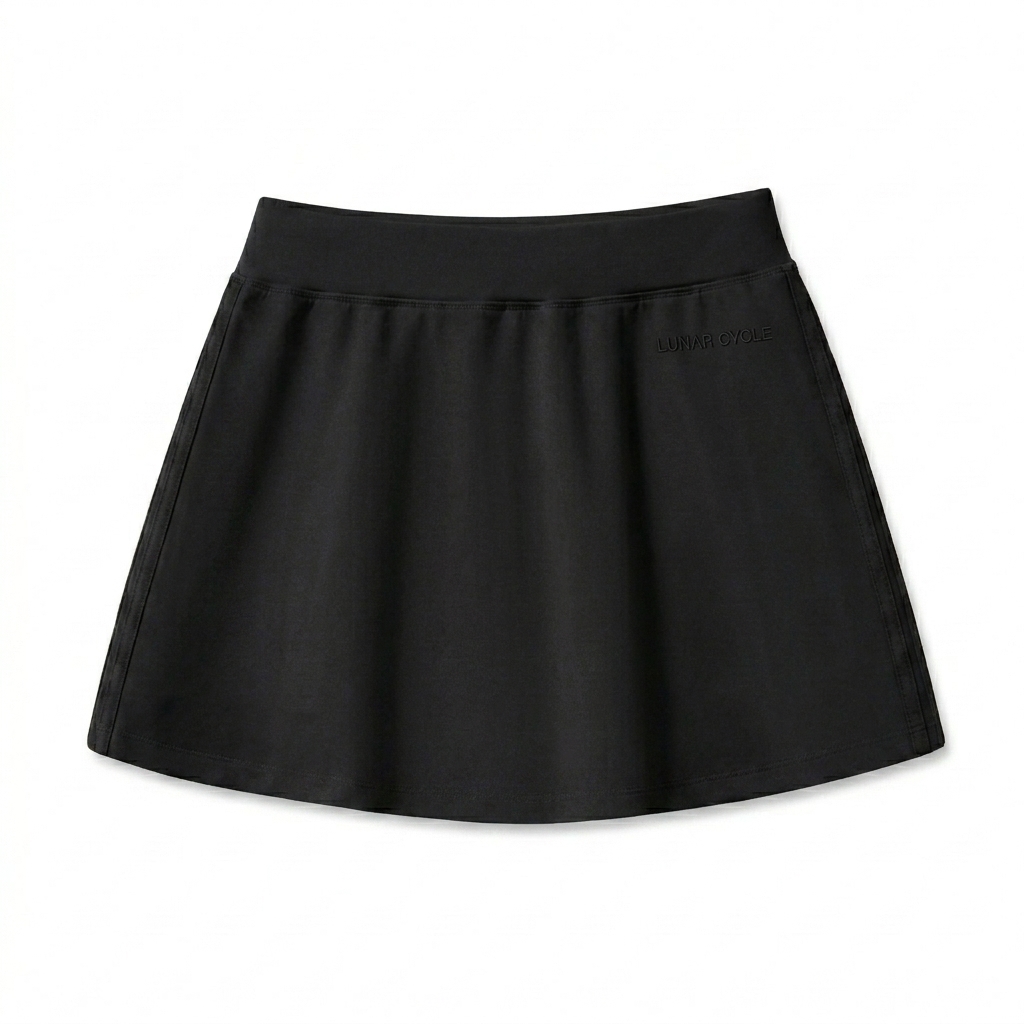 Custom Performance Mini Skirt design direction 1: Tonal Minimalist Wordmark featuring the LUNAR CYCLE wordmark