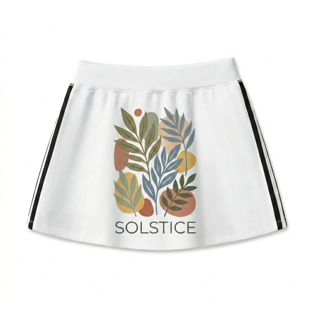 Custom Performance Mini Skirt design direction 2: Bold Abstract Botanical featuring the SOLSTICE wordmark