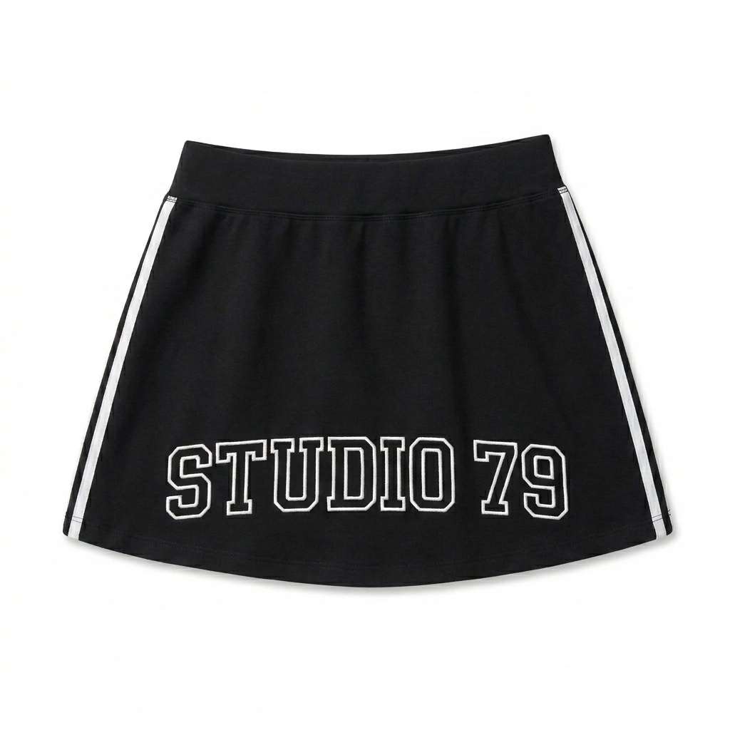 Custom Performance Mini Skirt design direction 3: Retro Collegiate Emblem featuring the STUDIO 79 wordmark