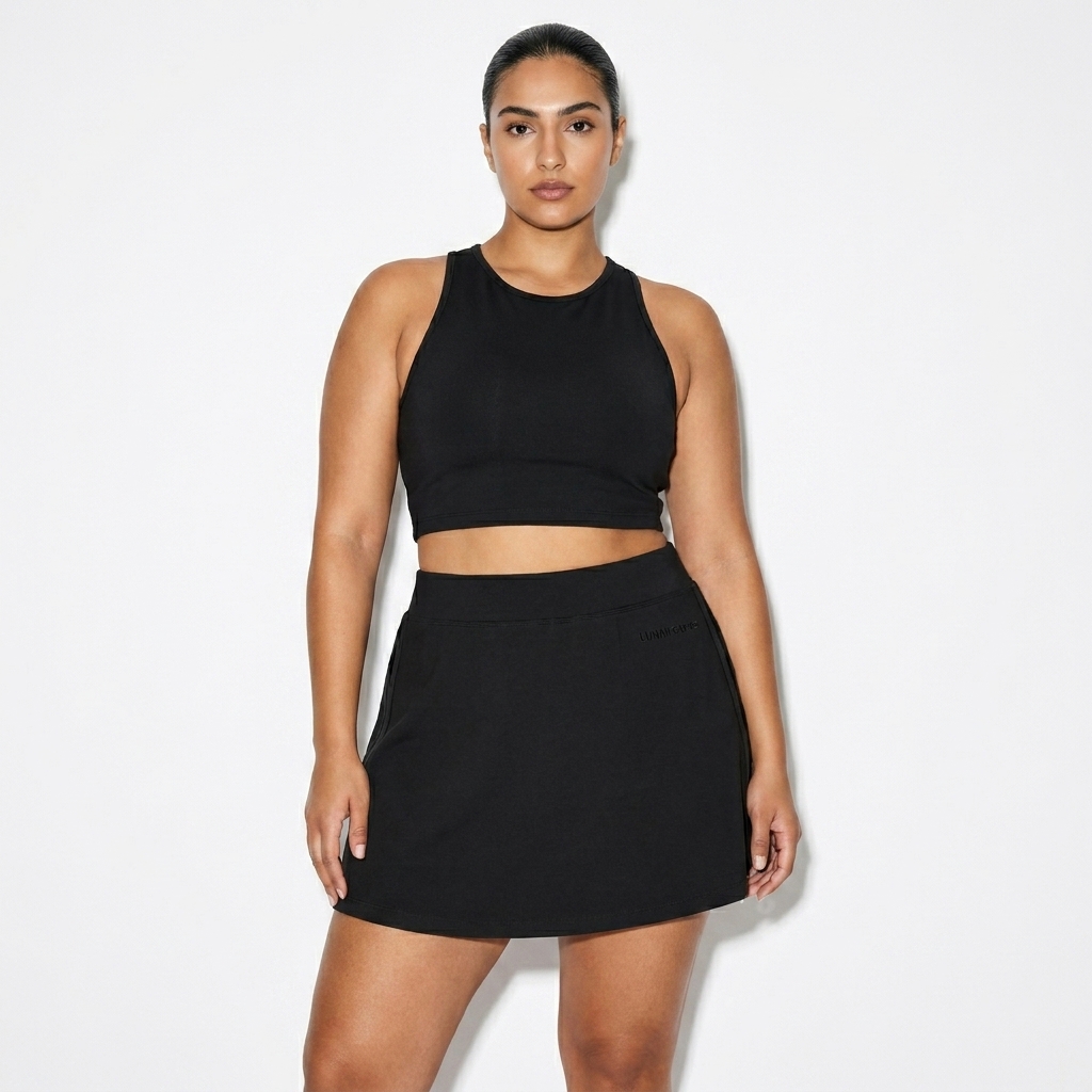 Performance Mini Skirt worn by a broad-shouldered Middle Eastern female fashion influencer, minimalist luxury styling, studio lookbook — custom performance mini skirt