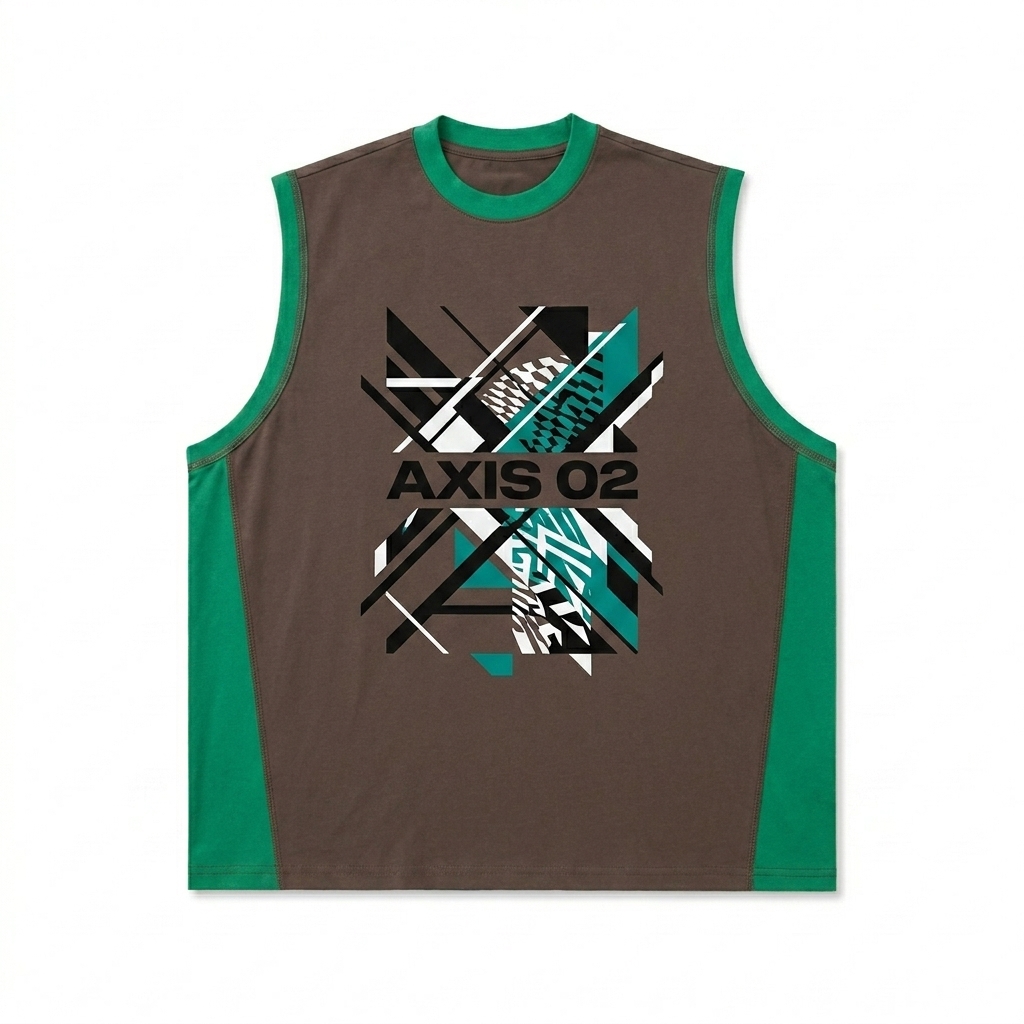 Custom Performance Tank Top with Contrast Panels design direction 2: Dynamic Geometric Graphic featuring the AXIS 02 wordmark