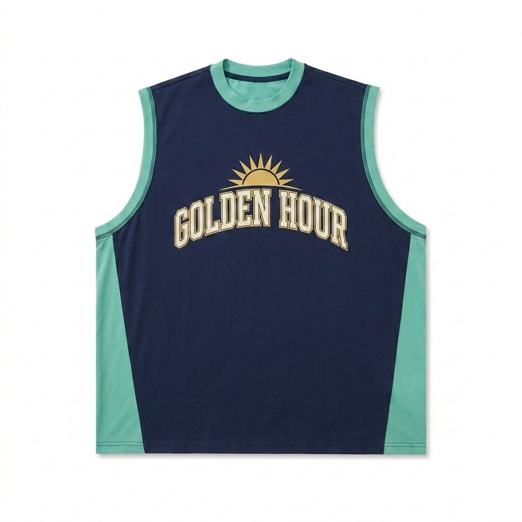 Custom Performance Tank Top with Contrast Panels design direction 3: Varsity Sport Emblem featuring the GOLDEN HOUR wordmark