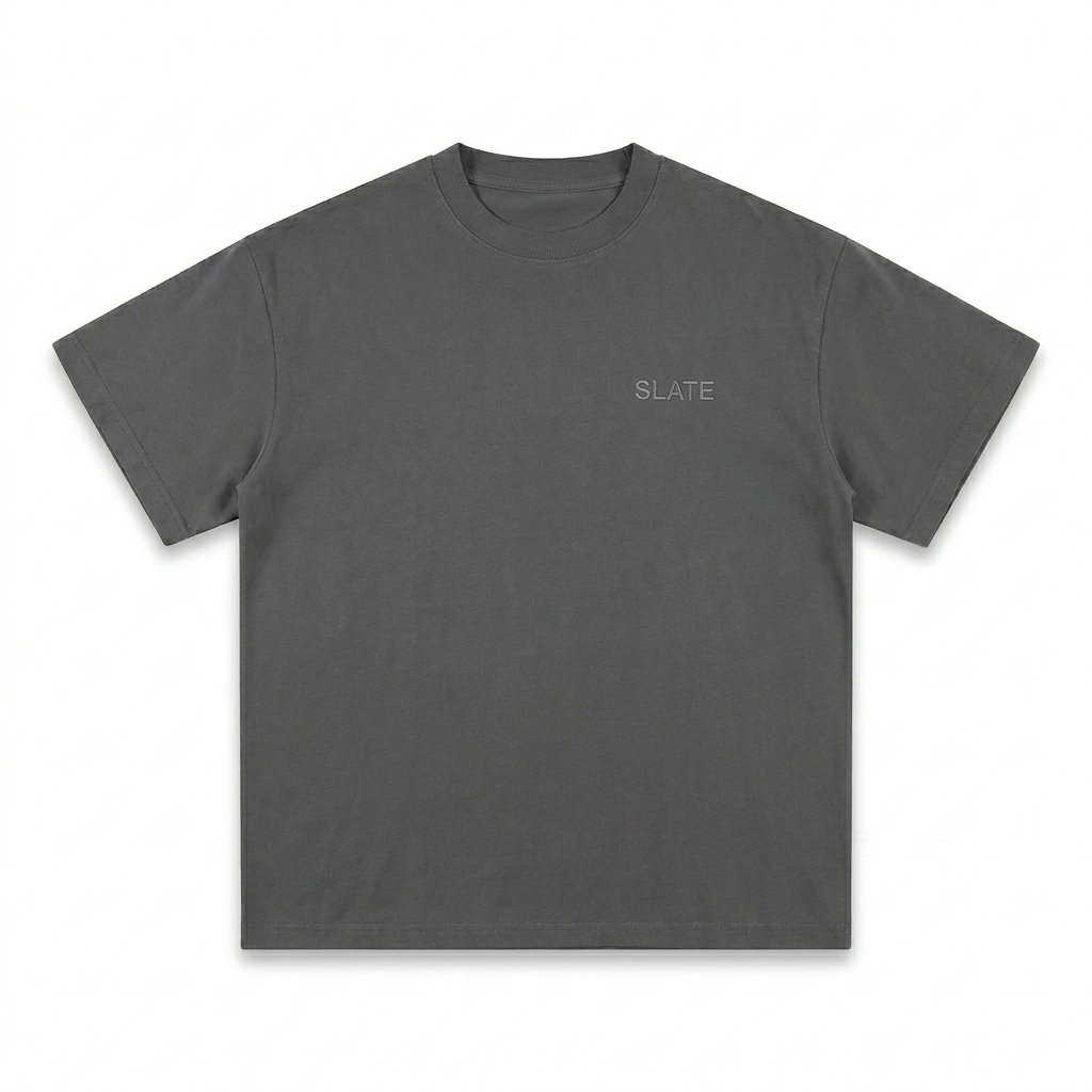 Custom Petite Sunfade Crew Neck T-Shirt design direction 1: Tonal Luxe Wordmark featuring the SLATE wordmark