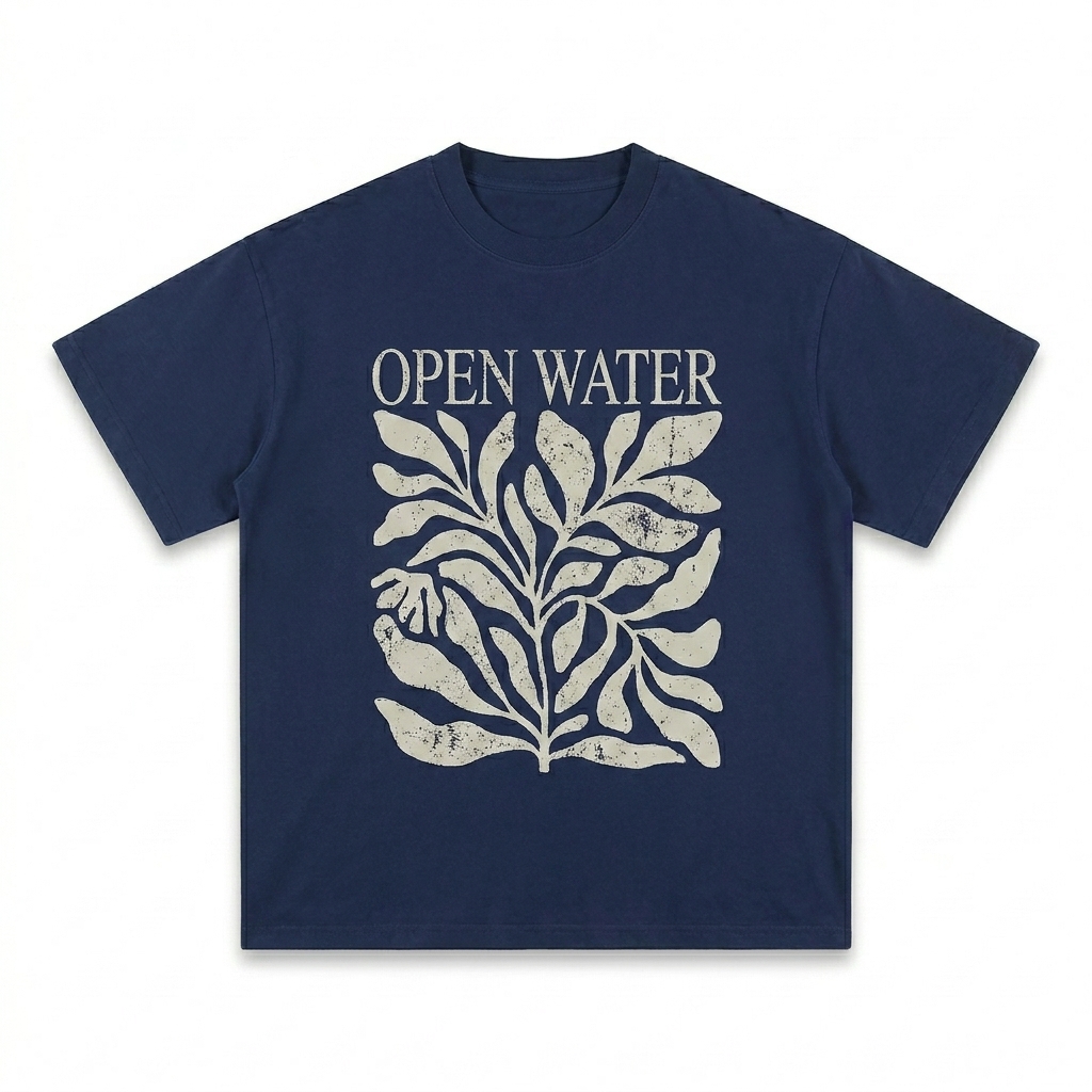 Custom Petite Sunfade Crew Neck T-Shirt design direction 2: Abstract Botanical Graphic featuring the OPEN WATER wordmark