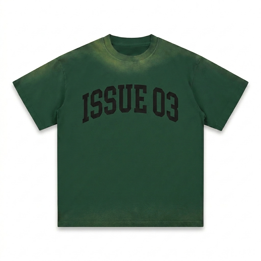 Custom Petite Sunfade Crew Neck T-Shirt design direction 3: Varsity Arch Logo featuring the ISSUE 03 wordmark