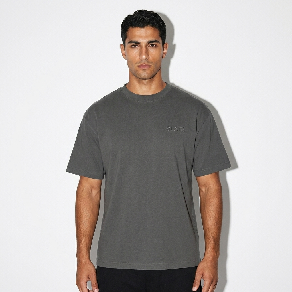 Petite Sunfade Crew Neck T-Shirt worn by a toned Mediterranean male fashion influencer, workwear utility styling, studio lookbook — custom petite sunfade crew neck t-shirt
