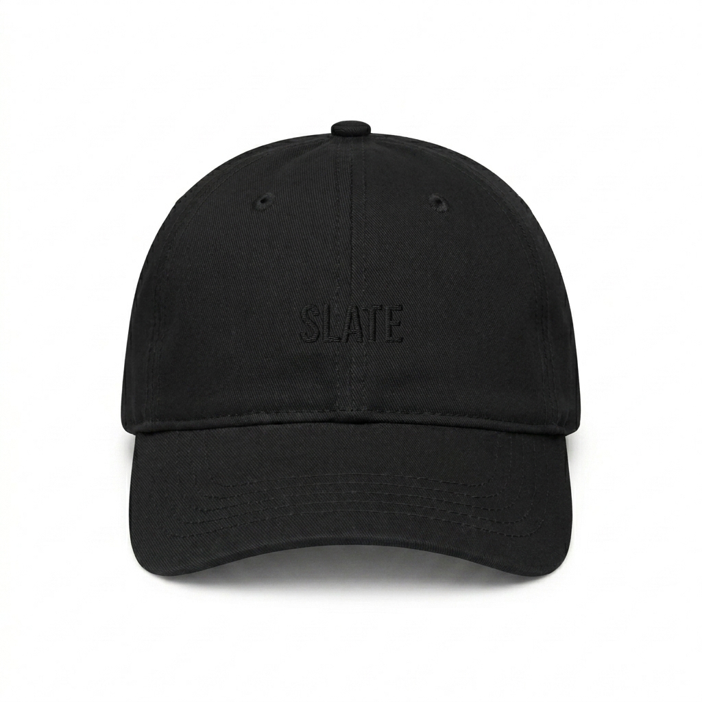 Custom Pigment-Dyed Denim Cap design direction 1: Tonal Minimalist Wordmark featuring the SLATE wordmark