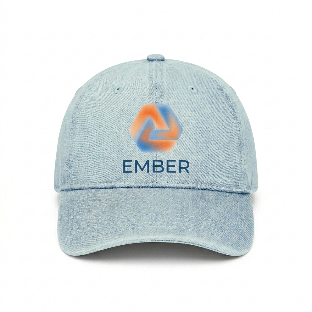 Custom Pigment-Dyed Denim Cap design direction 2: Abstract Geometric Graphic featuring the EMBER wordmark