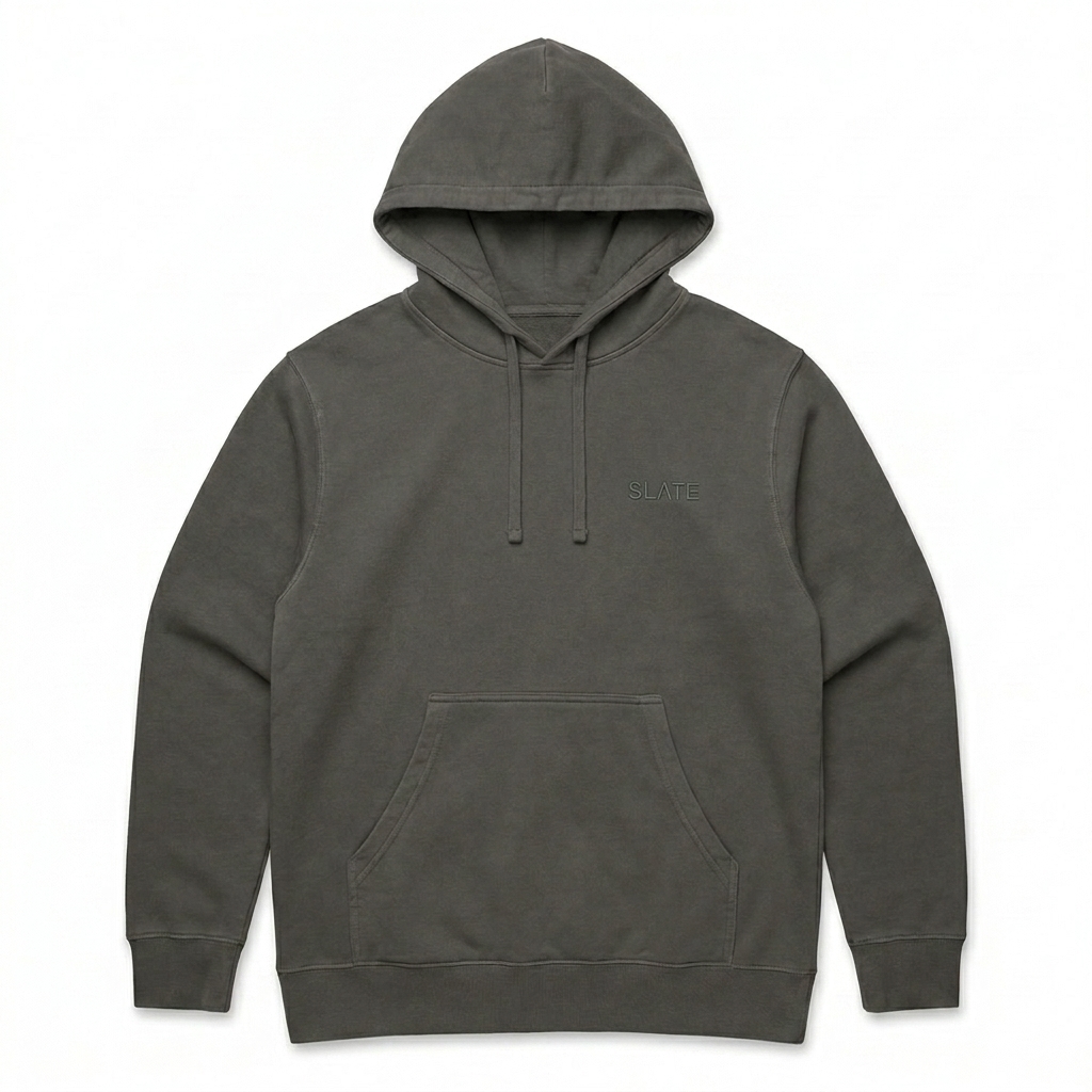 Custom Pigment-Dyed Pullover Hoodie design direction 1: Tonal Minimalist Wordmark featuring the SLATE wordmark