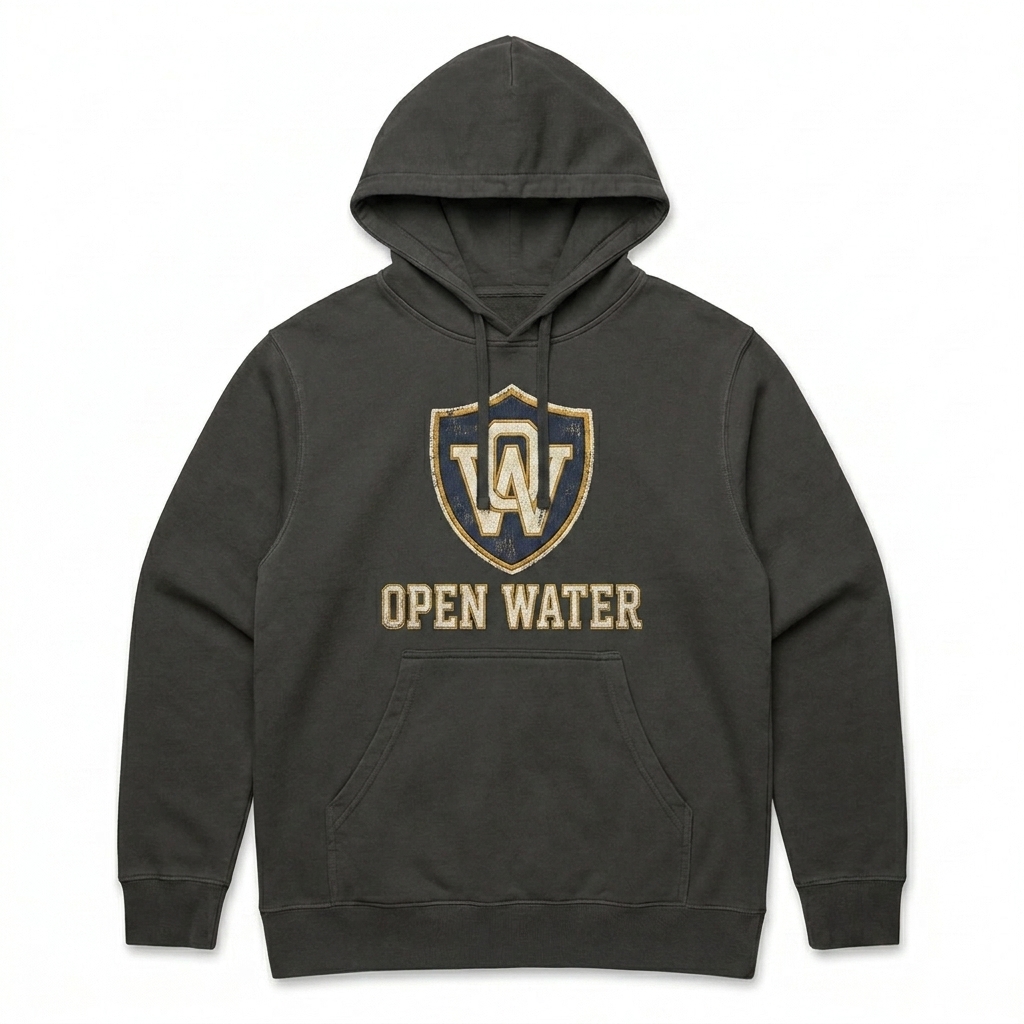 Custom Pigment-Dyed Pullover Hoodie design direction 2: Retro Collegiate Emblem featuring the OPEN WATER wordmark