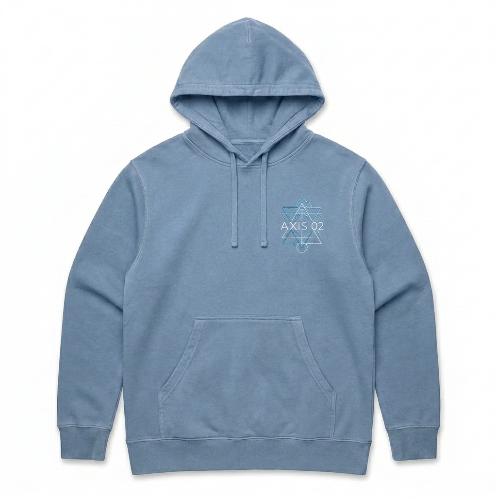 Custom Pigment-Dyed Pullover Hoodie design direction 3: Geometric Abstract Line Art featuring the AXIS 02 wordmark