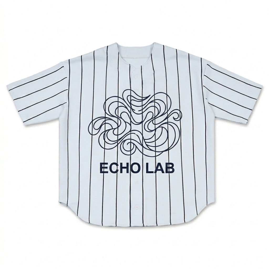 Custom Pinstripe Baseball Jersey design direction 2: Abstract Flow featuring the ECHO LAB wordmark