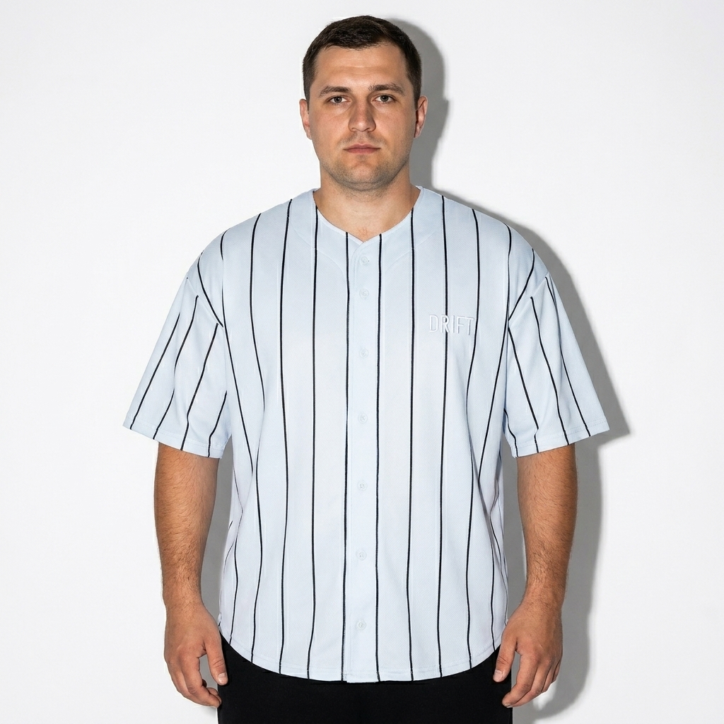 Pinstripe Baseball Jersey worn by a mid-size Eastern European male fashion influencer, techwear modern styling, studio lookbook — custom pinstripe baseball jersey