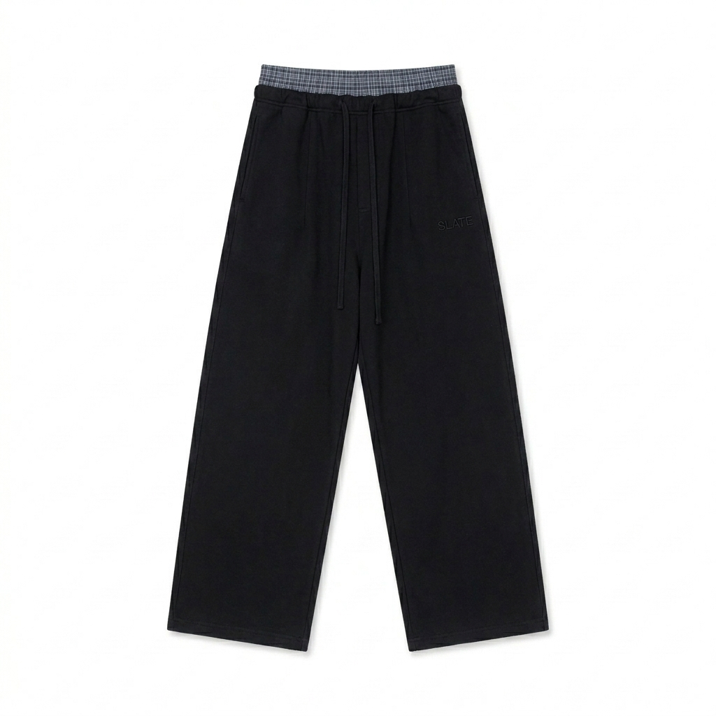 Custom Plaid Contrast Waist Pants design direction 1: Subtle Tonal Branding featuring the SLATE wordmark