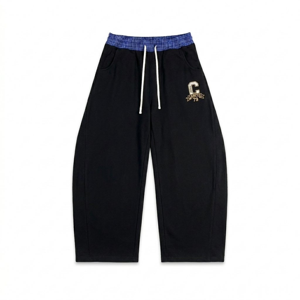 Custom Plaid Waistband Barrel Sweatpants design direction 3: Retro Collegiate Emblem featuring the CAMPUS 79 wordmark
