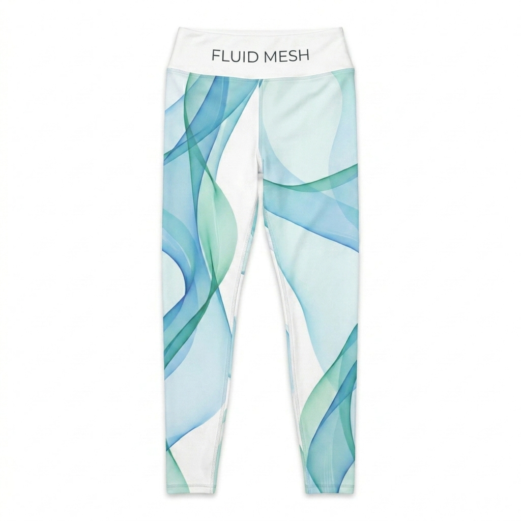 Custom Plus Size All-Over Print Leggings design direction 1: Abstract Geometric Flow featuring the FLUID MESH wordmark