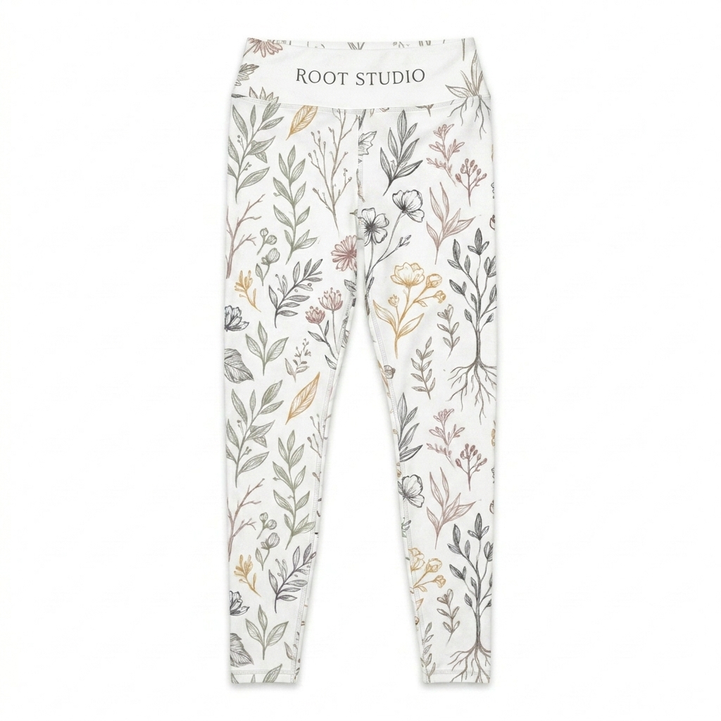 Custom Plus Size All-Over Print Leggings design direction 2: Botanical Sketch Pattern featuring the ROOT STUDIO wordmark