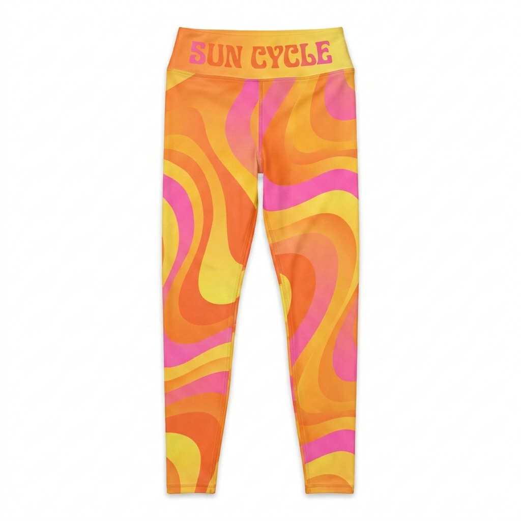 Custom Plus Size All-Over Print Leggings design direction 3: Retro Gradient Waves featuring the SUN CYCLE wordmark