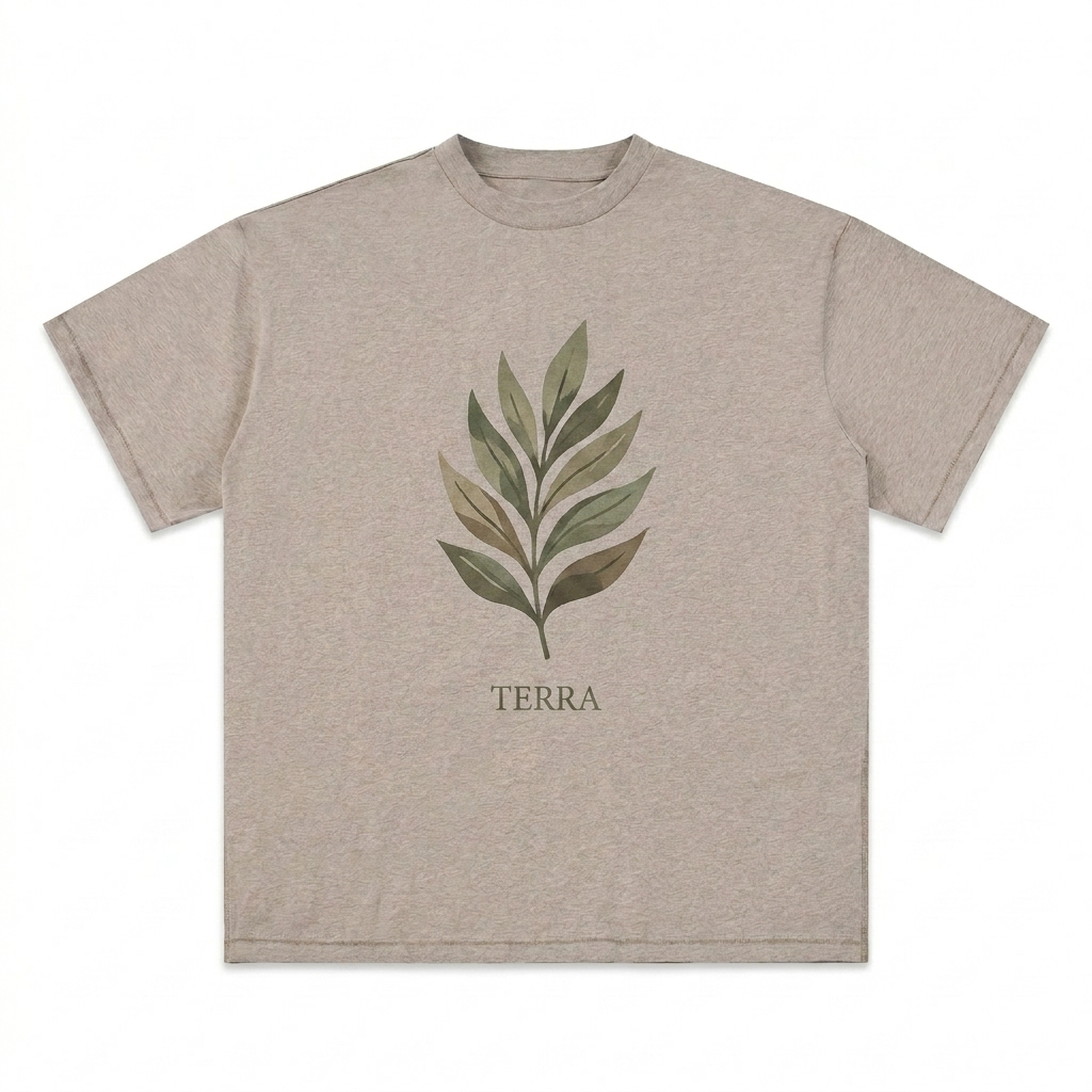 Custom Premium Cotton T-Shirt design direction 2: Abstract Botanical Graphic featuring the TERRA wordmark