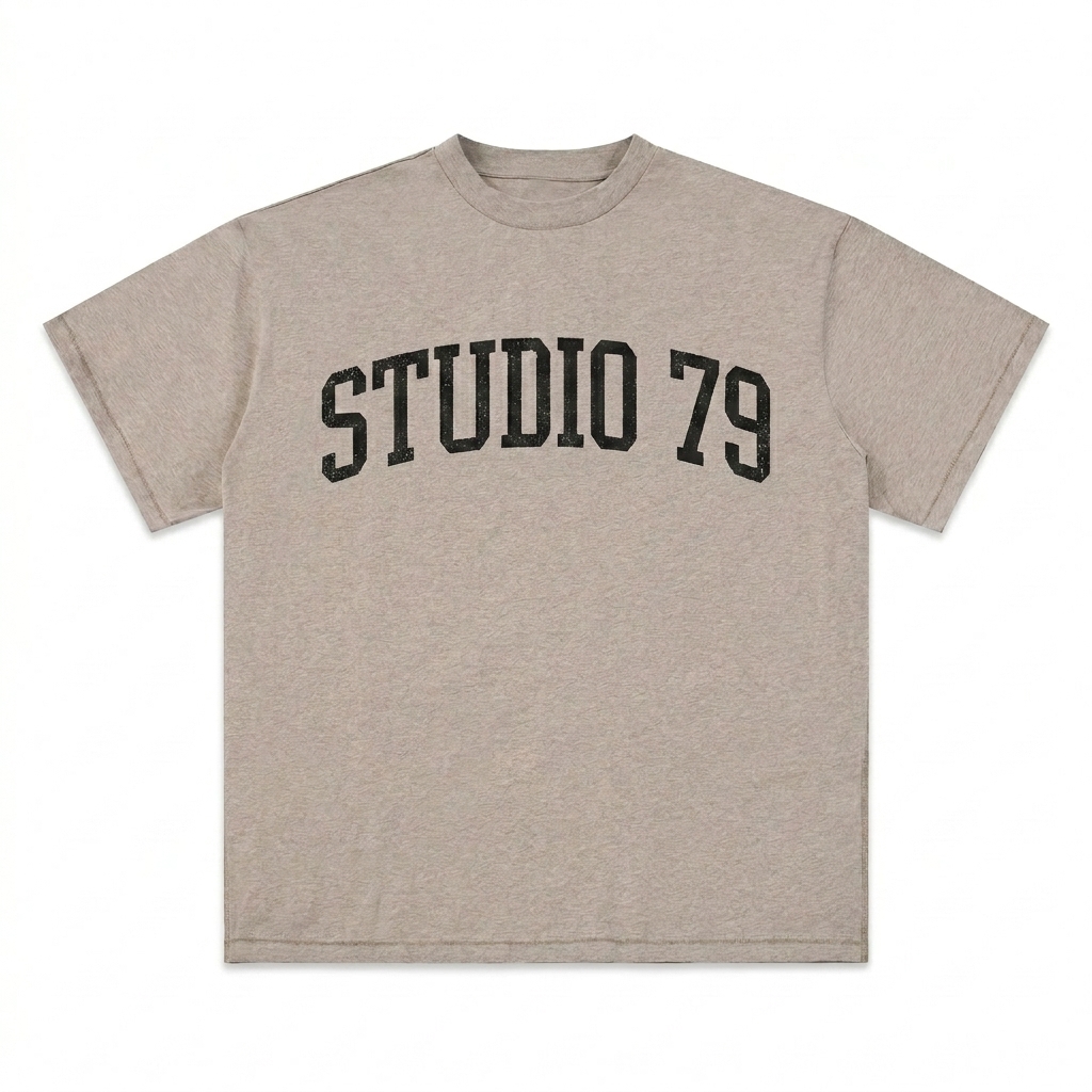 Custom Premium Cotton T-Shirt design direction 3: Varsity Lettering featuring the STUDIO 79 wordmark