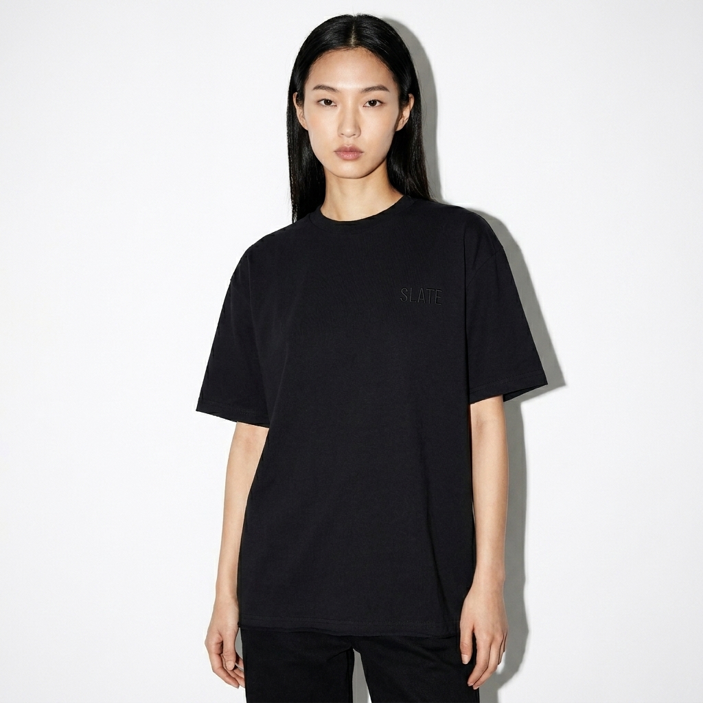 Premium Cotton T-Shirt worn by a lean Korean female fashion influencer, workwear utility styling, studio lookbook — custom premium cotton t-shirt