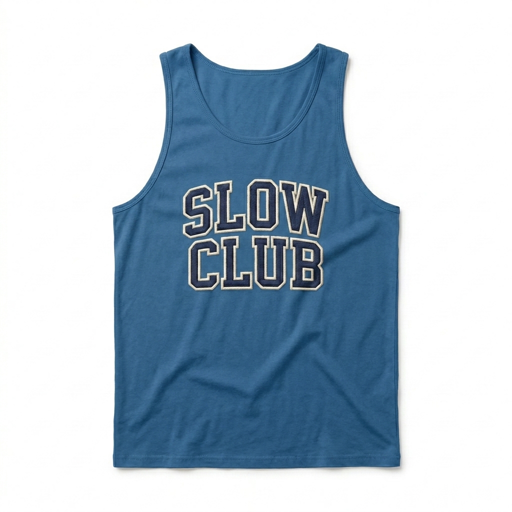Custom Premium Custom Tank Top design direction 3: Retro Collegiate Emblem featuring the SLOW CLUB wordmark