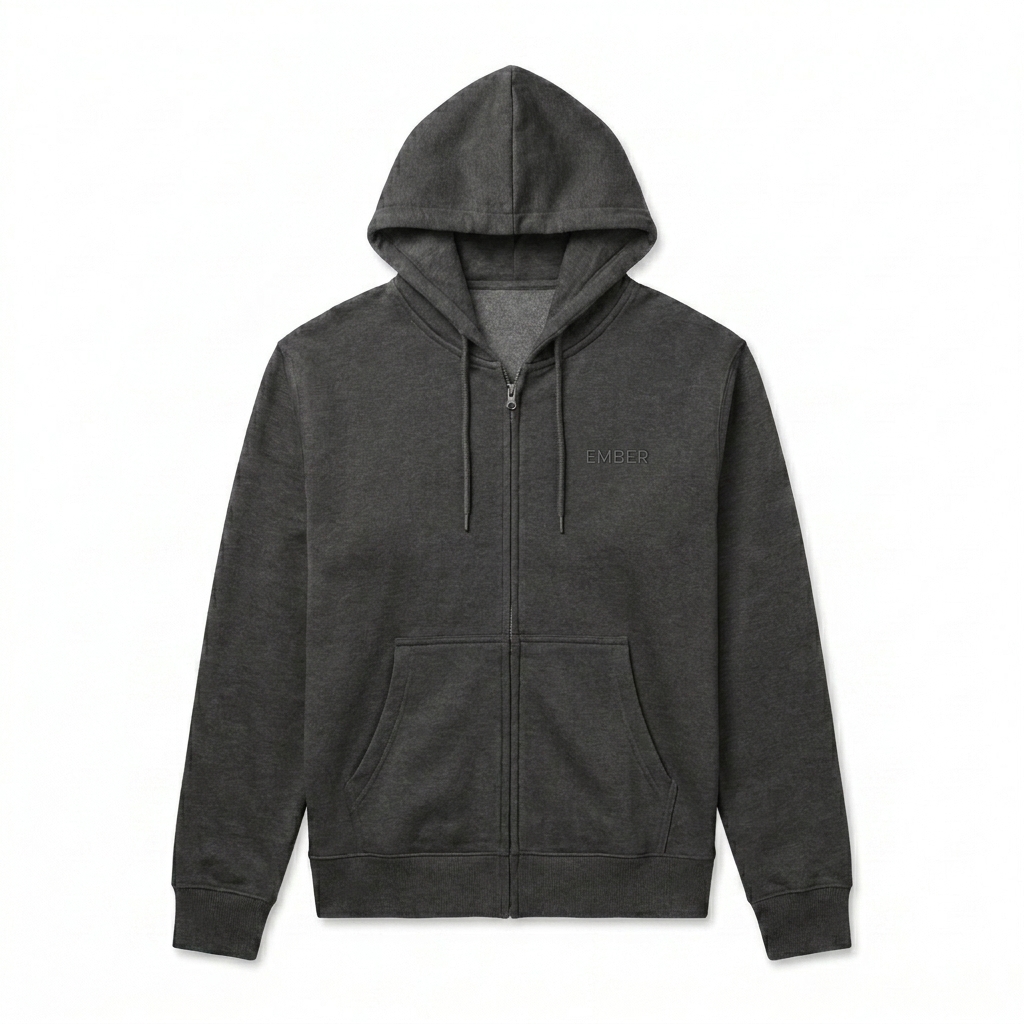 Custom Unisex Premium Full Zip Hoodie design direction 1: Tonal Minimalist Wordmark featuring the EMBER wordmark