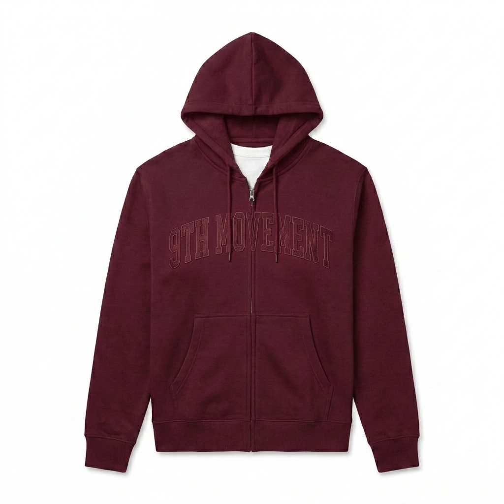 Custom Unisex Premium Full Zip Hoodie design direction 3: Retro Collegiate Typography featuring the 9TH MOVEMENT wordmark