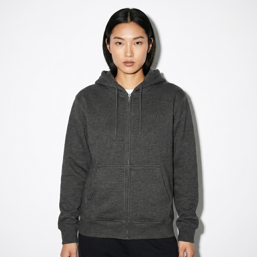 Unisex Premium Full Zip Hoodie worn by a broad-shouldered Chinese female fashion influencer, preppy ivy styling, studio lookbook — custom unisex premium full zip hoodie