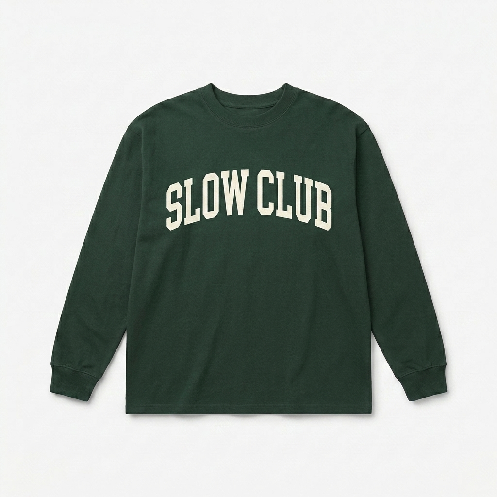 Custom Premium Heavyweight Long Sleeve Shirt design direction 3: Varsity Lettering featuring the SLOW CLUB wordmark