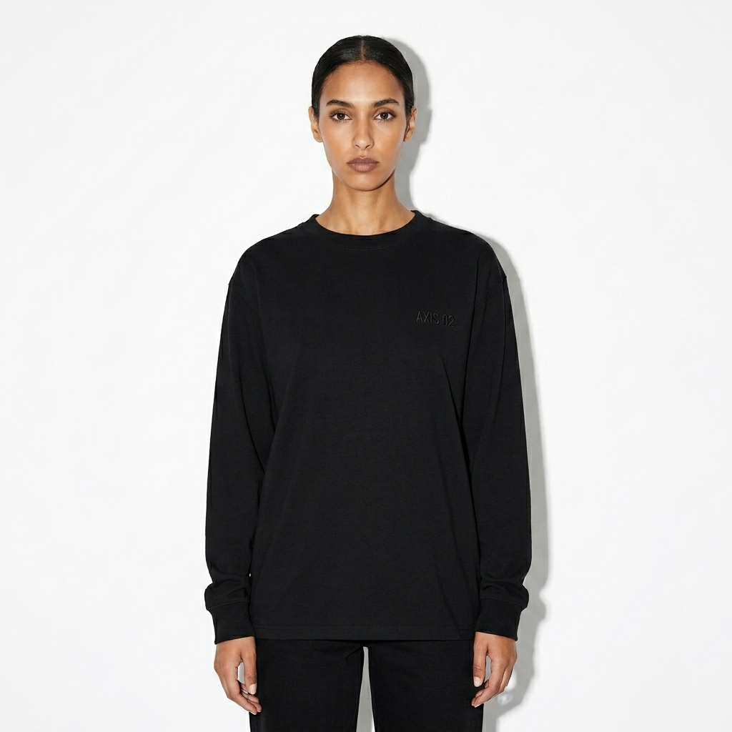 Premium Heavyweight Long Sleeve Shirt worn by a lean North African female fashion influencer, gorpcore outdoor styling, studio lookbook — custom premium heavyweight long sleeve shirt