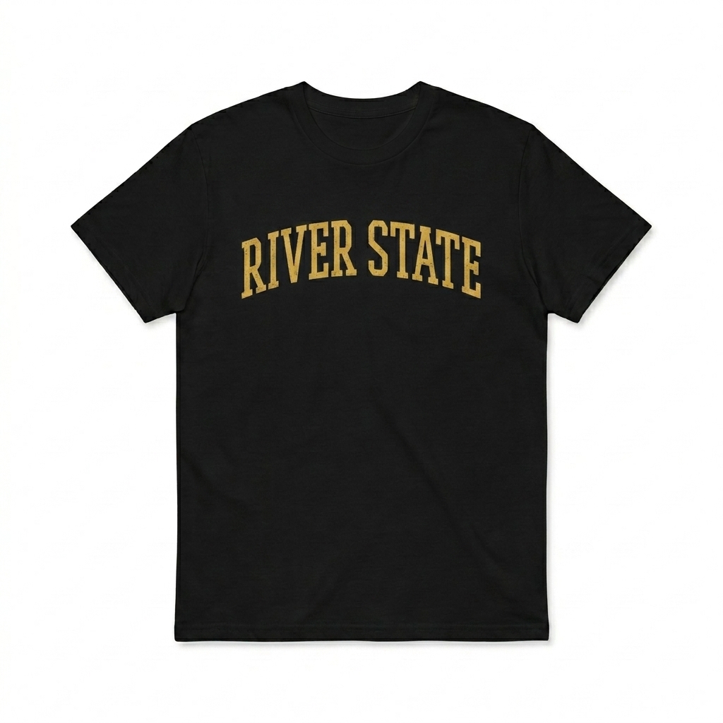 Custom Premium Heavyweight T-Shirt design direction 3: Vintage Collegiate Emblem featuring the RIVER STATE wordmark