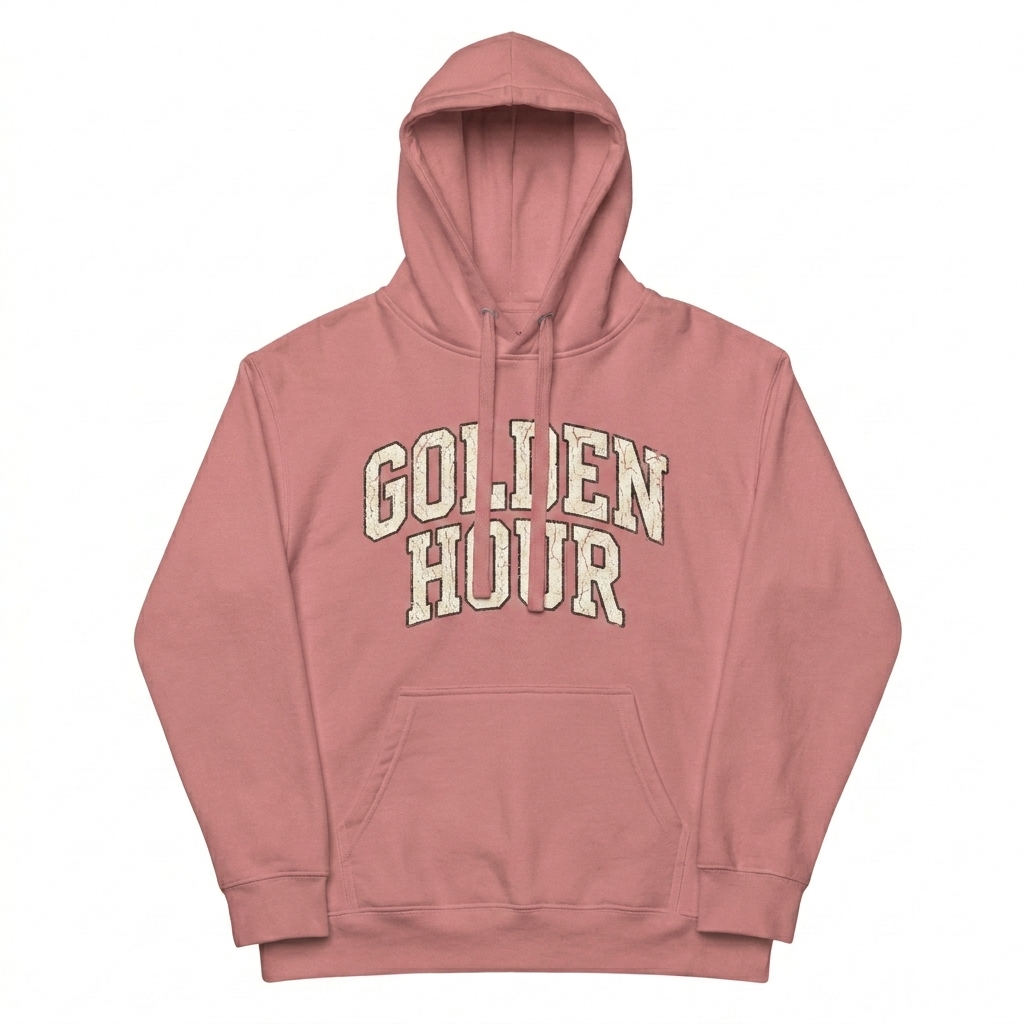 Custom Premium Pullover Hoodie design direction 3: Retro Collegiate Emblem featuring the GOLDEN HOUR wordmark
