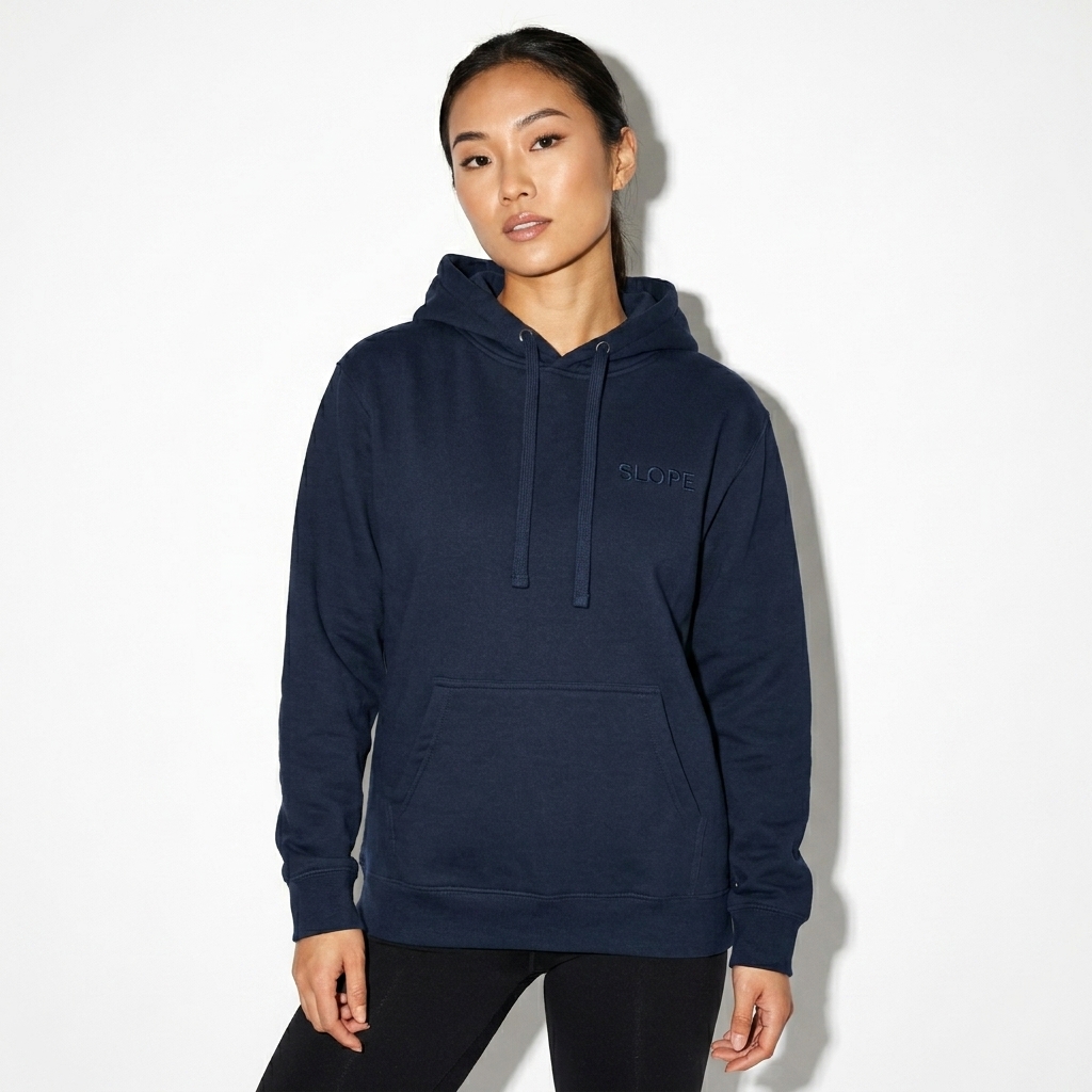 Premium Pullover Hoodie worn by a toned East Asian female fashion influencer, editorial avant-garde styling, studio lookbook — custom premium pullover hoodie