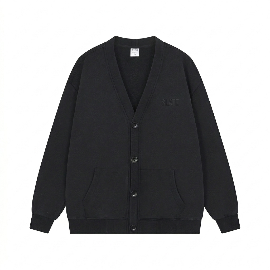 Custom Premium Snow Washed Cardigan design direction 1: Tonal Minimalist Wordmark featuring the SLATE wordmark