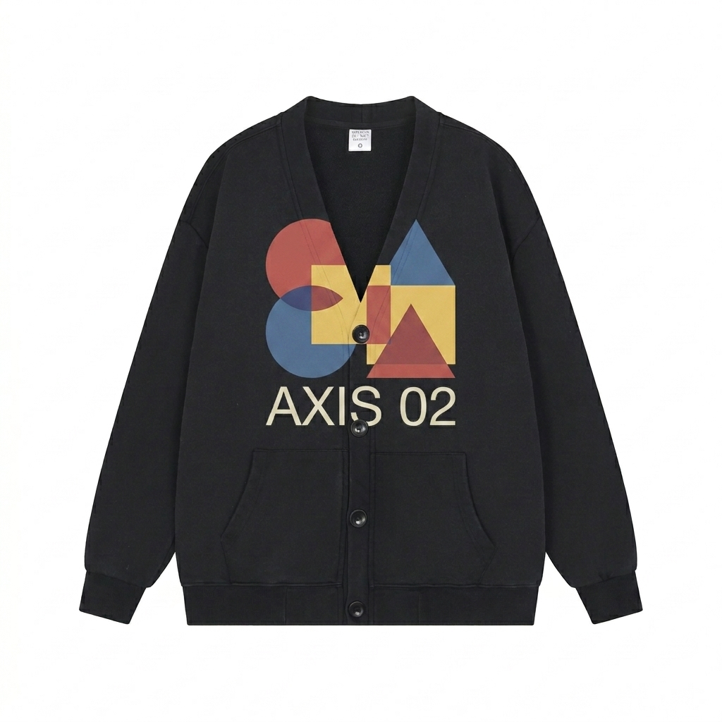 Custom Premium Snow Washed Cardigan design direction 2: Abstract Geometric Graphic featuring the AXIS 02 wordmark