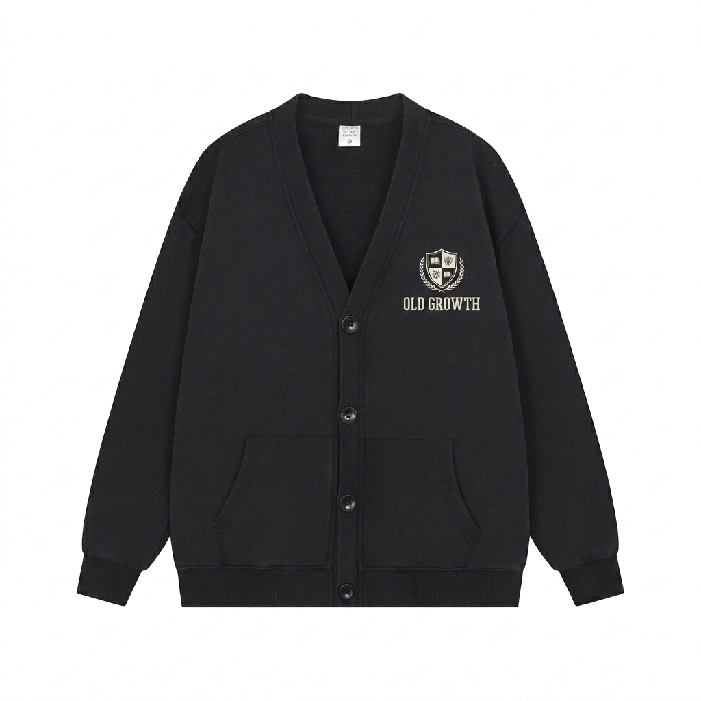 Custom Premium Snow Washed Cardigan design direction 3: Retro Collegiate Emblem featuring the OLD GROWTH wordmark